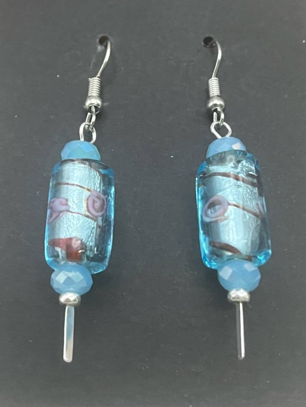 Handmade Blue Lampwork Glass Dangle Earrings Silver Tone Artisan Boho - Picture 3 of 3